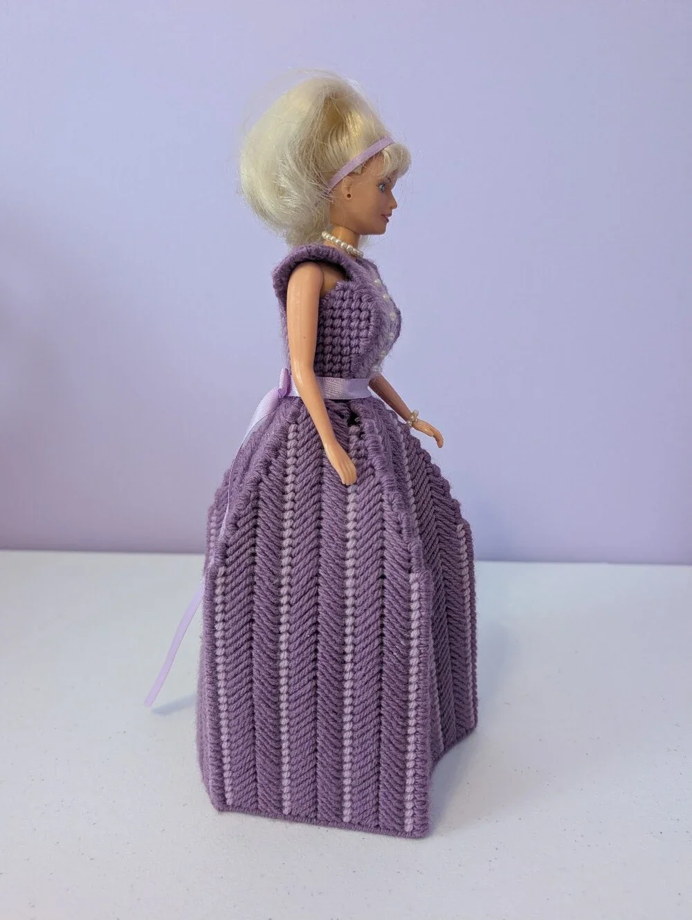 Vintage Toilet Paper Holder Lovely Patsy Doll Purple Stitching On Plastic Canvas